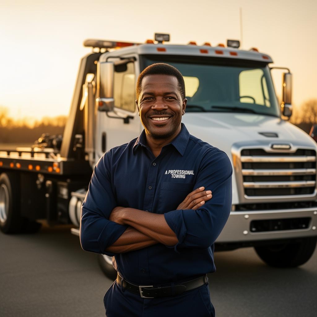 Owner of A Professional Towing LLC standing in front of a tow truck